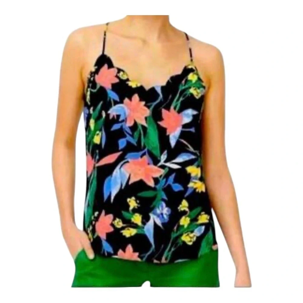 J.Crew Scalloped Floral Cami‎ Women 0 Black Pink Blue Tropical Summer Tank Top